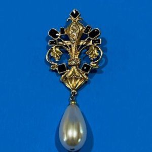Vintage Fleur de Lys Rhinestone Black enamel Faux pearl drop dangling brooch